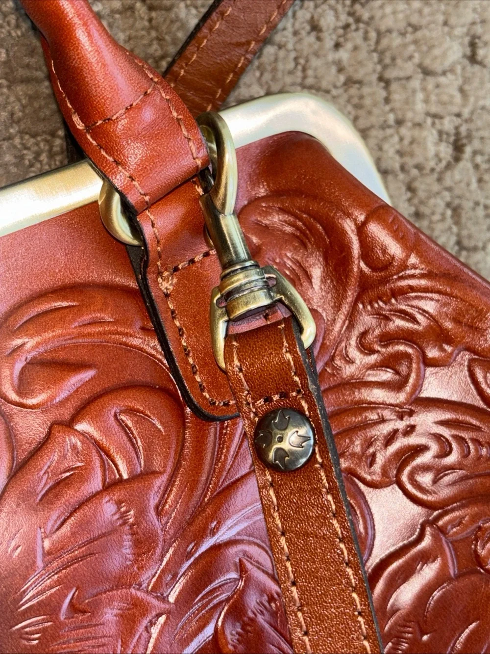 Patricia Nash luxury designer brown Leather handbag embossed floral design